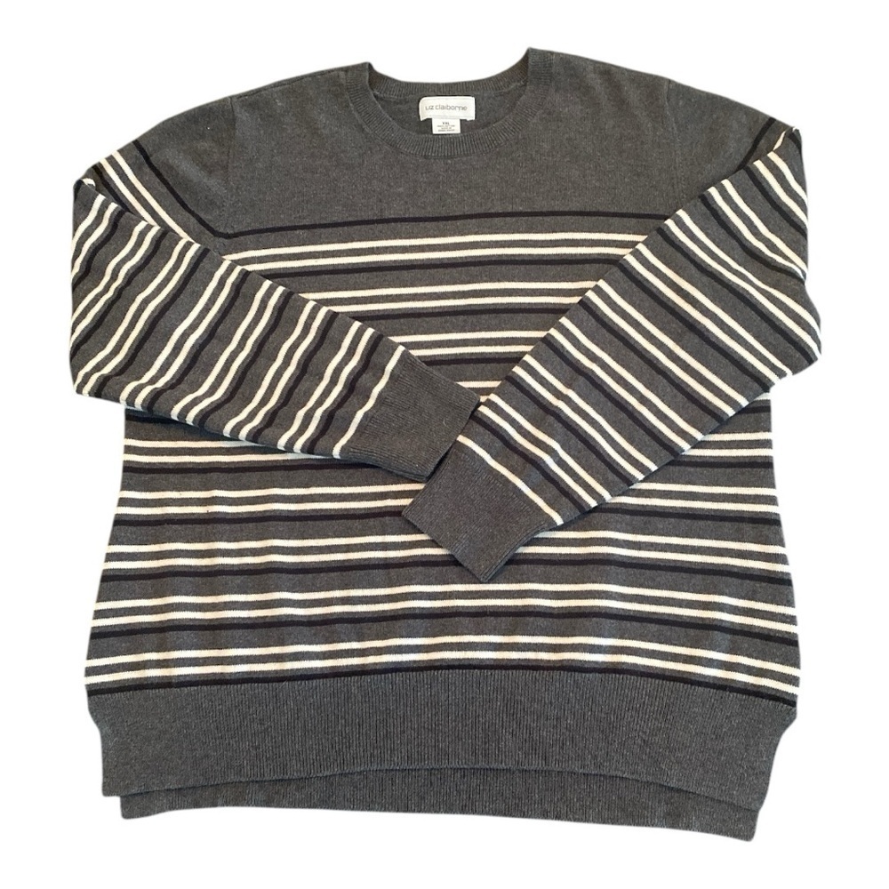 Liz Claiborne Charcoal Gray Black White Striped Pullover Sweater Brand New